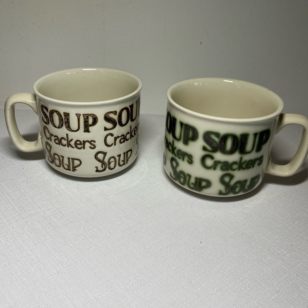 Vintage Soup and Crackers Mugs. Made in England. embossed lettering